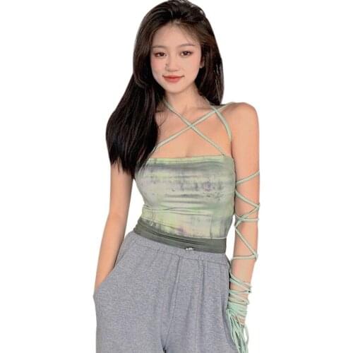 Womens Tie Dye Halter Sexy Slim Vest Summer Navel Exposed Sleeveless Camisole Tank Top