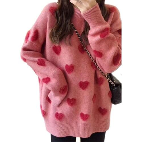 2021 New Fashion Womens Sweater Love Pattern Style Fall Winter Pullover Loose Jackets Red Casual Retro knit Long Sleeve Tops