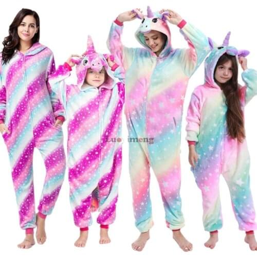 Winter Kids Girls Unicorn Pajamas Cartoon Siamese Sleepwear Pijama Unicornio Women Pyjamas Long Sleeved Homewear Family Jumpsuit