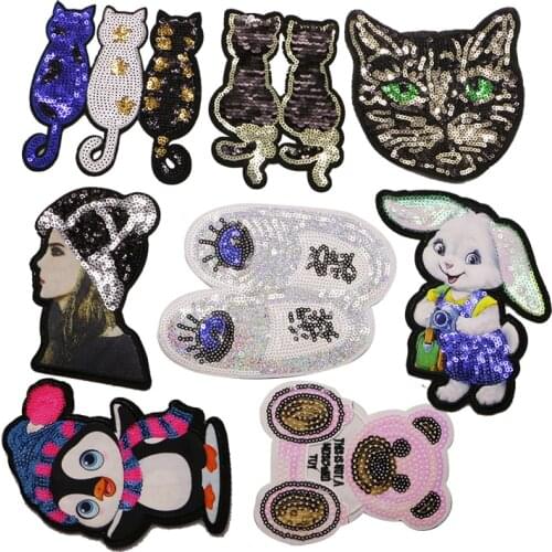 1 PCS Cute Cartoon Animal Sequin Cat Tiger Eye Cat Jeans Bear Snowman Patch Clothes DIY Patch Backpack Decoration Decal Badge