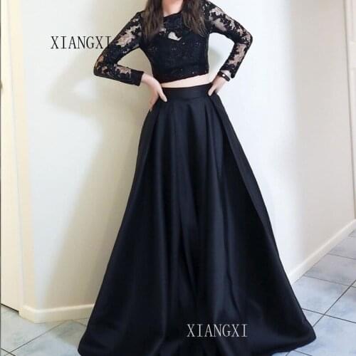 2020Black Two Pieces Evening Dresses Jewel Neck Full Sleeves See Through Floor Length Evening Dress Robe de soiree Party Dress