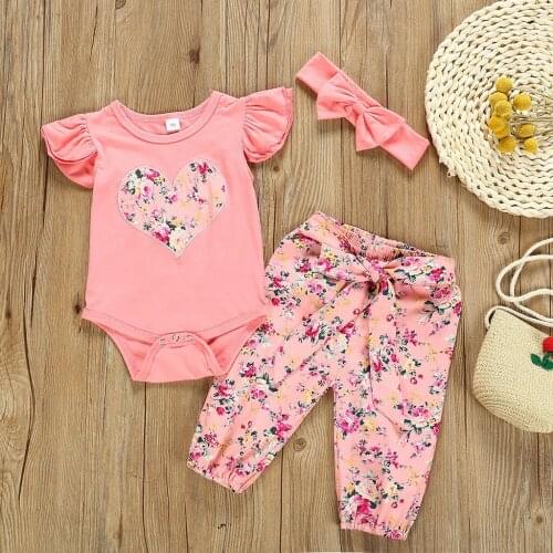 3Pcs Baby Girl Clothes Set Newborn Kids Clothing Infant Baby Girls Fly Sleeve Ruffles Love Bodysuit Romper+Floral Pants Outfits