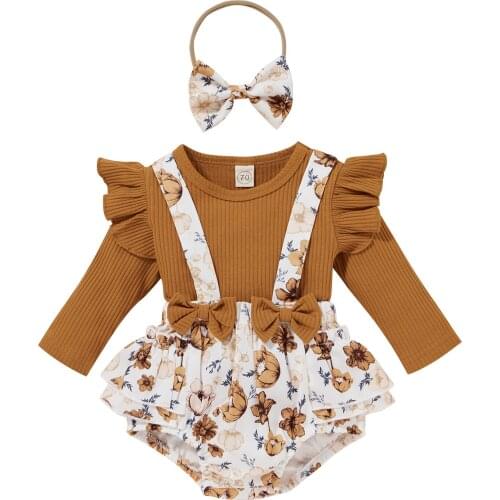 0-24M Newborn Infant Baby Girl Outfits Ribbed Fly Sleeve T-shirt Flower Print Overalls Headband 3Pcs