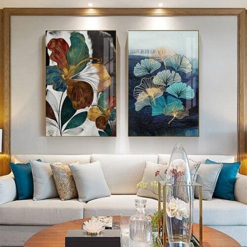 Abstract Gold Bloom Flower Canvas Painting Modern Blue Luxury Poster and Prints Wall Art Picture for Living Room Home Decoration