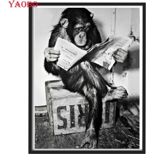 Diamond Painting Black and white art, gorilla reads the newspaper 5d art diy cross stitch full square round diamond mosaic Set