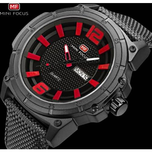 MINIFOCUS Sport Casual Watch Men Quartz Clock Black Nylon Strap Red Dial Waterproof Dress Calendar Mens Watches Top Brand Luxury
