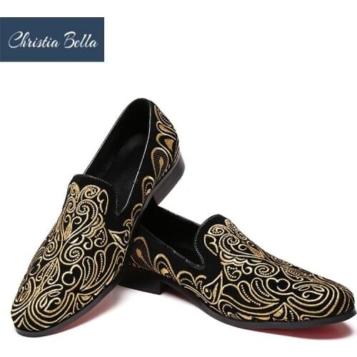 Christia Bella Summer Fashion Men Loafers Gold Embroidery Handmade Men Velvet Shoes Party and Wedding Mens Flats Slippers
