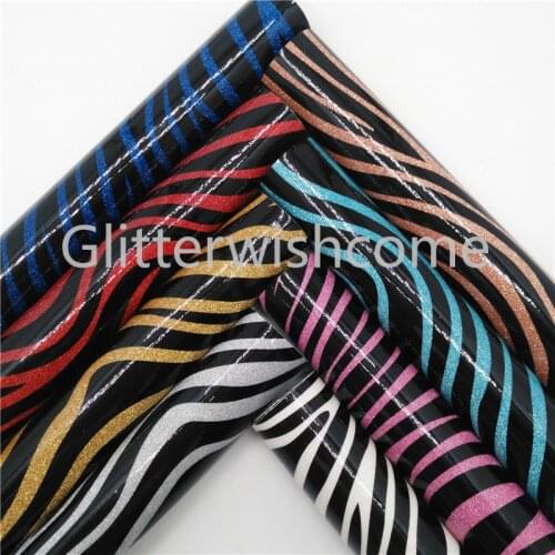 Glitterwishcome 21X29CM A4 Size Vinyl For Bows ZEBRA Printed Glitter Fabric, Smooth Glitter Faux Leather Sheets for Bows, GM574B