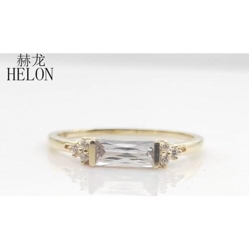 HELON Solid 10k Yellow Gold 3X7mm Baguette cut Genuine AAA Graded Cubic Zirconia Wedding Anniversary Ring Women Trendy Jewelry