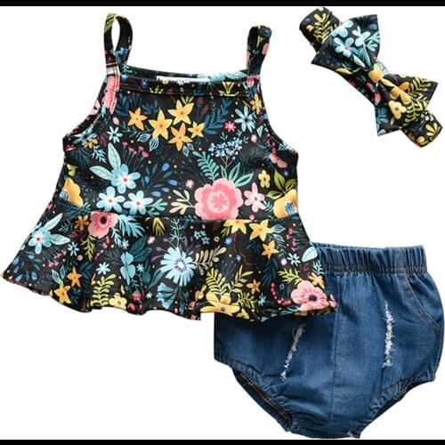 OPPERIAYA Baby Girls Summer Three Piece Casual Set Fashion Flower Suspender T-shirt and Solid Color Short Pants with Headband