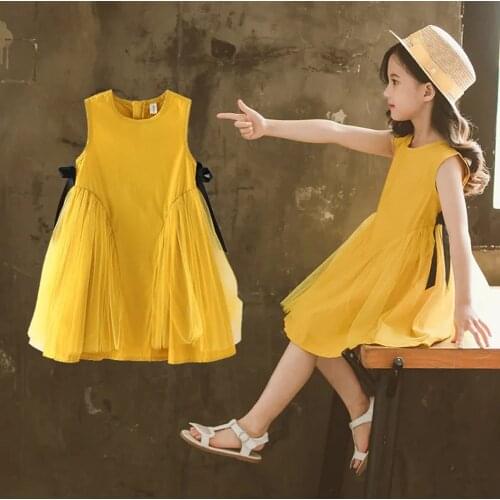Summer Dress For Girls Sleeveless O Neck Knee-Length Dresses Kids Solid Mesh Bow Princess Dress Toddler Clothes Vestidos 6 8 9