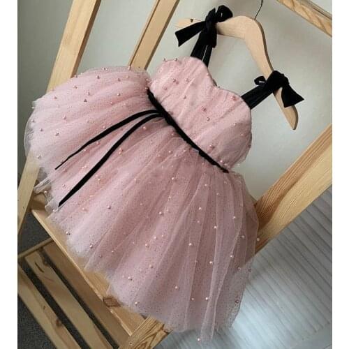 Cute Infant Girls Clothes Tulle Pearls Black Ribbon Princess Party Dress Children Birthday Gown Kids Dress for Photoshoot