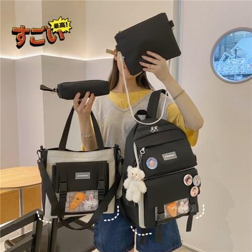 4-piece Cute Fashion Womens Backpack Large Capacity Cartoon School Bag For Girls Oxford Cloth Fabric Waterproof Travel Bags