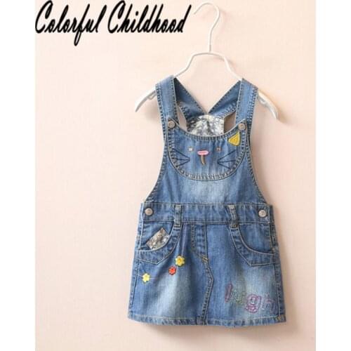 2018 Baby Girls Overalls Cute Cartoon Cat Embroidery Jean Stapes Dress Infant Toddler Kid Dress Baby Costume Childrens Clothes