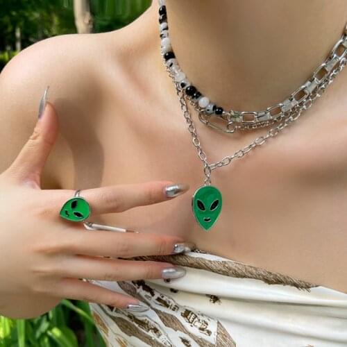 MENGJIQIAO Fashion Punk Double Layer Link Chain Necklaces For Women Man Glaze Alien Safety Pin Pendant Necklace Daily Jewelry