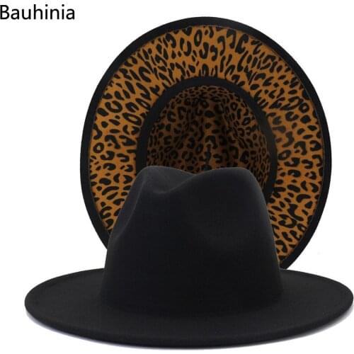 Men Gentleman Winter Jazz Caps Outer Black Inner Leopard Patchwork Felt Jazz Fedora Hats Wide Brim Panama Trilby Cap 56-58CM