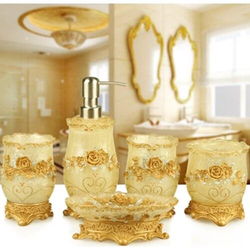 European Resin Bathroom Accessories Set Soap Dispenser Tooth Brush Holder Cup Soap Dish Tray Toothpick Holder 5pcs Bathroom Set