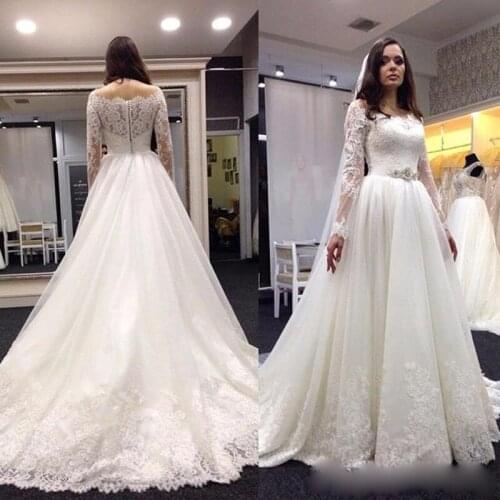 New Wedding Dresses for Sale 2019 Lace Sheer Crew Neck Custom Made Vintage Style Cheap Modest Women Bridal Ball Gowns with Sleev