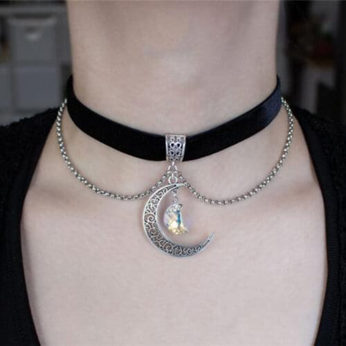 1PCS New Filigree Moon with Moon Crystal Pendant Black Korea Velvet Rope Choker Collar Necklace Female Collier Bijoux Girls Gift