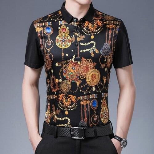 Retro Luxury Real Silk Mens Shirts With Printed Gold Vintage Baroque Dresses Large Sizes Blouse Royal Jewelry T Shirts Collar