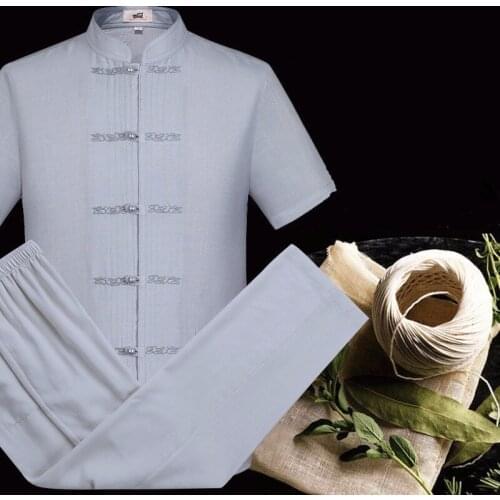 Mens New Chinese Traditional Frog Button Shirt 4 Color Short Sleeve Cotton Linen Kung Fu Shirt+pants Set Martial Arts Clothes