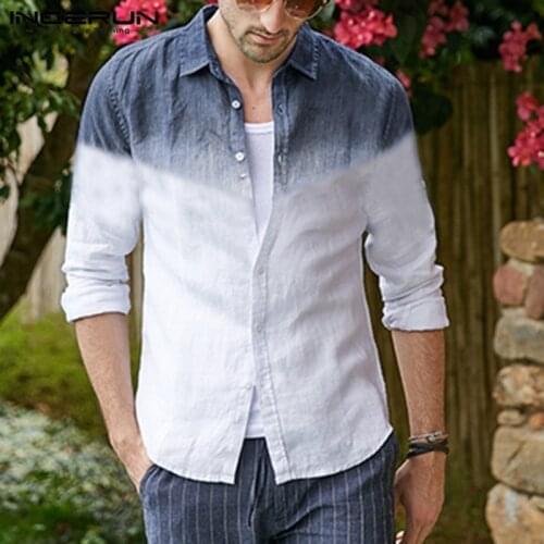 INCERUN Fashion Men Lapel Neck Chic Hanging Dyed Gradient Button Down Shirts Cool Cotton Long Sleeve Blouse Camisa Masculina