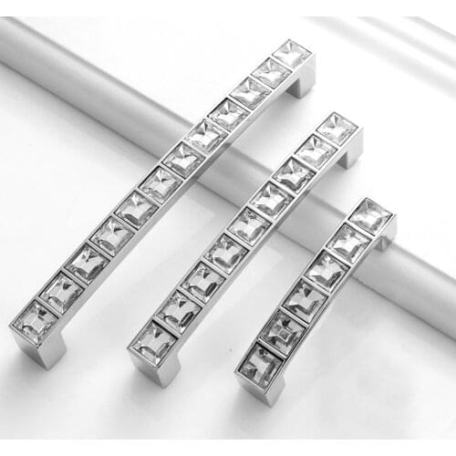 ETUUD 4Pcs Modern Crystal Handle for Kitchen Cabinet Drawer, Luxury Acrylic Silver Straight Furniture Pulls, 2 Holes, With Screw