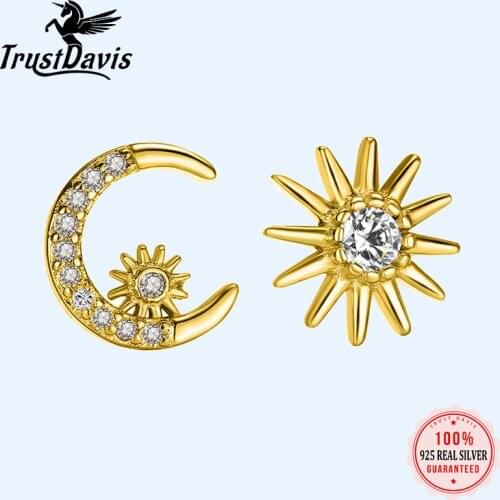 TrustDavis Real 925 Sterling Silver Sweet Asymmetry Dazzling CZ Moon Star Stud Earring For Women Party Fine Jewelry Gift DB1235