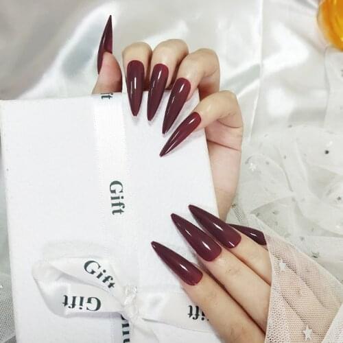 24pcs/Set Extra Long Stiletto Fake Nails Simple Wine Red Full Nail Decoration Art Tips with Glue Artificial Press on Nails