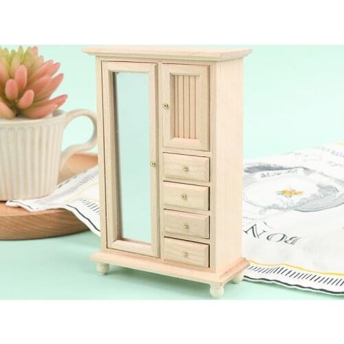 1:12 Vintage Wooden Wardrobe With Mirror and Drawers Model Dollhouse Decor