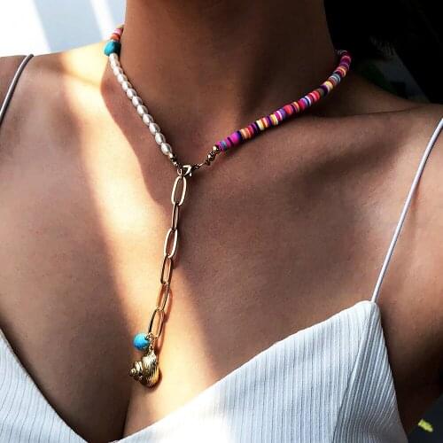 Boho Jewelry Turquoise Charms Necklace For Women Simulated Pearl Conch Pendant Chain Tassels Collares Para Mujer