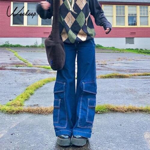 Weekeep Pocket Patchwork Womens Jeans Vintage High Waist Casual Baggy Straight Pants Long Trousers Casual Streetwear Denim Pants