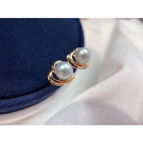 D513 Pearl Earrings Fine Jewelry Solid 18K Gold Round 7-8mm Nature Sea Water Akoya Pearls Stud Earrings for Women