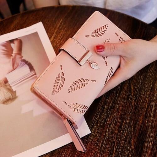 Women Wallet PU Leather Purse Female Long Wallet Gold Hollow Leaves Pouch Handbag for Women Coin Purse Card Holders Clutch