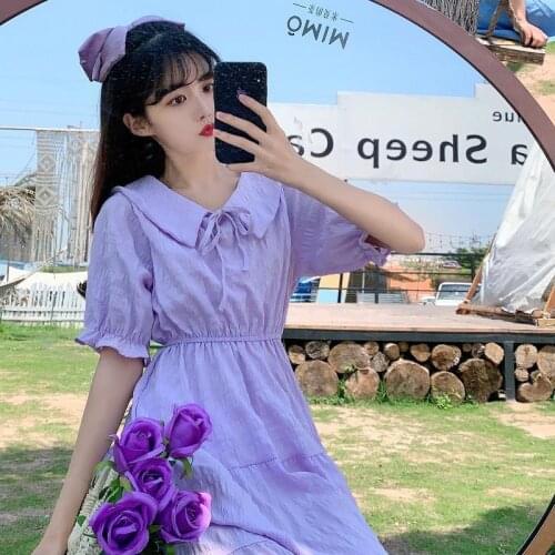 Heydress Summer Women Purple Shorts Sleeve High Waist Peter Pan Collar A-line Beach Dress Female Lace Up Holiday Solid Vestido