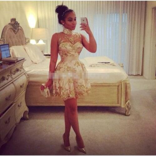 Sexy High Neck Mini Party Club 2018 Above Knee Length A Line Formal Gown Appliques Homcoming robe de soiree bridesmaid dresses