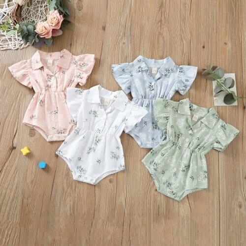 2021 Baby Girls Casual Romper, Leaves and Floral Printed Pattern Short Sleeve 1-piece, White/ Pink/ Light Green/ Light Blue