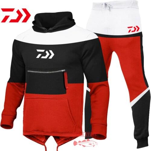 2021 Daiwa Fishing Suits Autumn Winter Outdoor Hooded Sweatshirt Drawstring Sportswear Male Suit Pullover Two Piece Casual Set