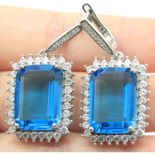 23x23mm Fancy Created Dark London Blue Topaz Womans Engagement Silver Earrings