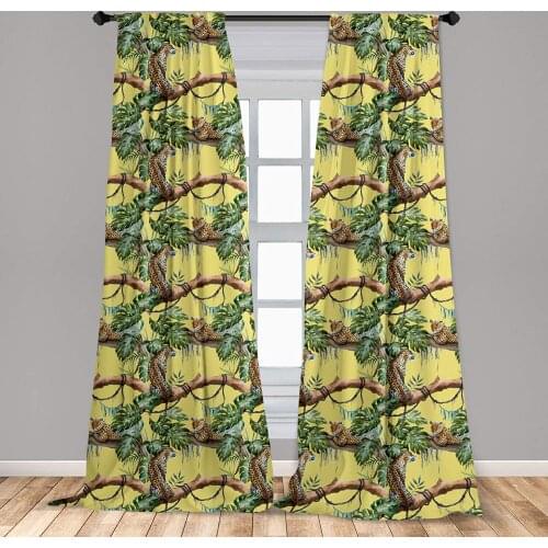 Watercolor Window Curtains Leopards in The Jungle Tropical Scene Tree Branches and Leaves Curtain with Rod Pocket