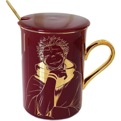 Anime Jujutsu Kaisen Ceramics Cup Gojo Satoru Itadori Yuji Bronzing Bone China Coffee Cup With Spoon and Lid Office Water Cup
