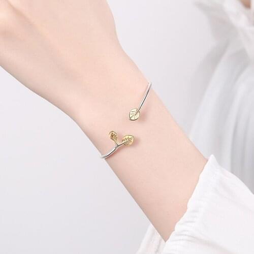 Womens Fashion Literary Style Cuff Bracelets Simple Budding Golden Leaves Thin Charming Bracelet Accessory For Lady Girls Gifts