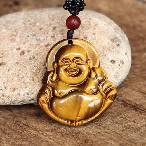 Zen Buddhism Tiger Eye Carved Maitreya Buddha Pendant Necklace Natural Stone Lucky Energy Yoga Necklace Women Men Jewelry
