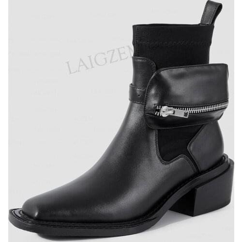 LAIGZEM Top Women Ankle Boots Genuine Leather Mid Block Heels Booties Slip On Autumn Witner Ladies Shoes Woman Big Size 38 39 42