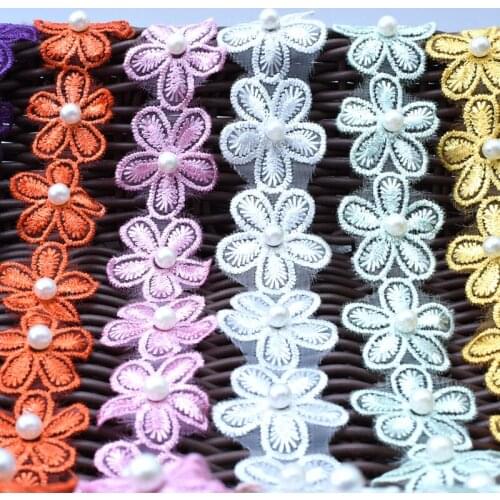2 yards Five-petal Flower Pearl Hollow Lace Embroidery Ribbon for Diy Hair Accessories Clothing Headdress Trim