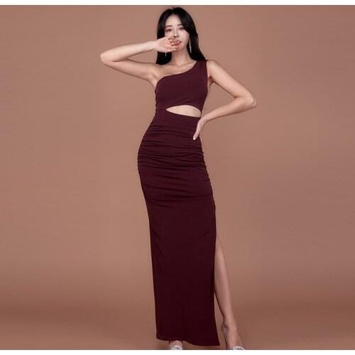 Summer Dresses Hollow Out One Shoulder Womens Dress Red Elegant Vintage Bodycon Bandage Evening Sexy Party Long Korean Clothes