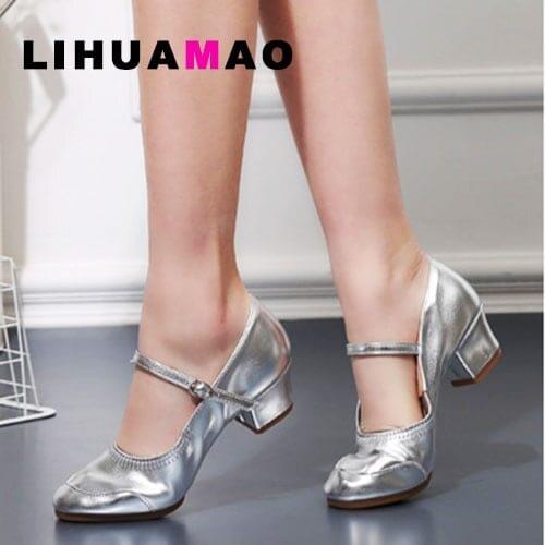 LIHUAMAO Women Mary Jane shoes silver dancing shoes block heel ankle strap party wedding office career work soft comfortable
