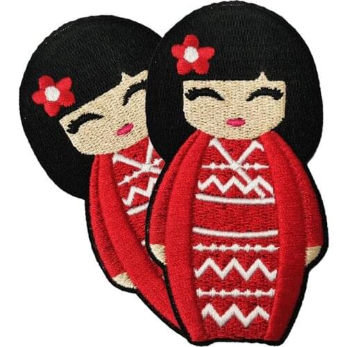 Red Color Japanese Kokeshi Doll Embroidery Patch Japanese Girl Clothes Cartoon Decoration Appliques Iron on Embroidered Patches