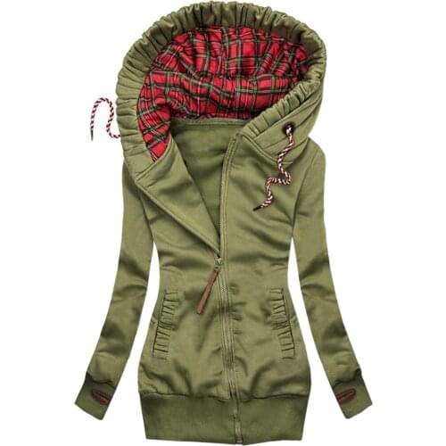 Autumn jacket women Vintage Plaid Patchwork Pullover Fashoin Pocket Long sleeve Overcoat hooded tops Slim Fit zipper outerwear