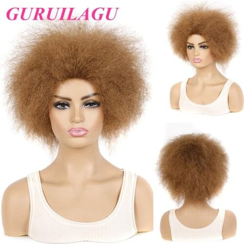 GURUILAGU Afro Wigs For Black Women Short Fluffy Yaki Straight Hair Cosplay Wig Heat Resistant Fiber Synthetic Wig